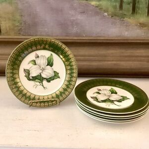 6 bread plates American Limoges L'Triomphe Trillium Forest Green Dinnerware 22K